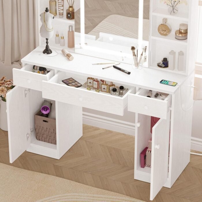 Vanity Desk Set with Large LED Lighted Mirror & Power Outlet, 7 Drawers Vanities Dressing Makeup Table with Storage Bench