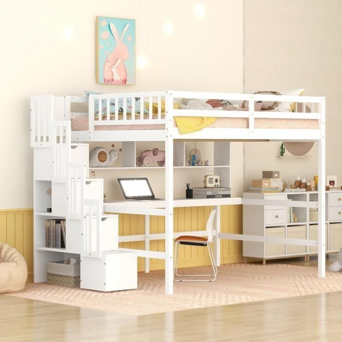 Full Size Loft Bed with Desk & Storage Stairs, Wood Loft Bed Frame with Shelves and Guardrails for Kids, High Loft Beds with Steps