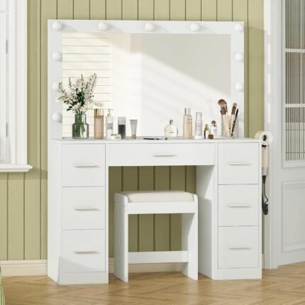 43'' W Vanity Desk with Power Outlet, Makeup Vanity with Lighted Mirror and 7 Drawers, 3 Colors Lighting Modes Vanity