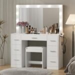 43'' W Vanity Desk with Power Outlet, Makeup Vanity with Lighted Mirror and 7 Drawers, 3 Colors Lighting Modes Vanity