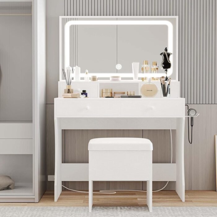 Vanity Desk with LED Lighted Mirror & Power Outlet & 4 Drawers, Makeup Table Set with Storage