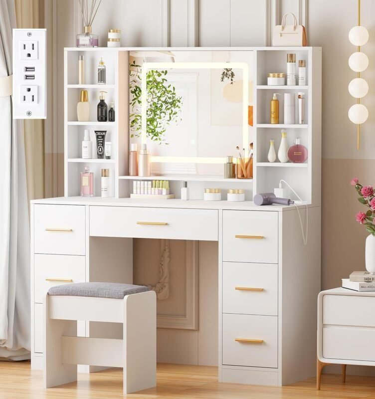 Vanity Desk Table with Lighted Mirror Makeup Vanity with Power Outlet and 7 Drawers & 8 Storage Shelves 3 Lighting Modes