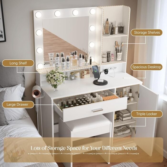 Vanity Desk with LED Lighted Mirror, Makeup Table with Hairdryer Holder and Power Outlet, Dresser with Drawer and Cabinets