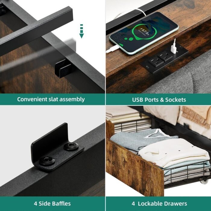 YITAHOME King Size Bed Frame, Upholstered Platform Bed Frame with 4 Drawers/Charging Station