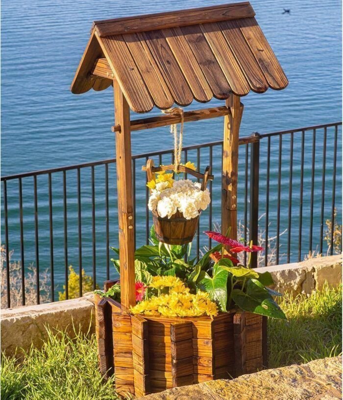 Wooden Wishing Well - Height Adjustable Hanging Bucket, Wishing Well Planter with Reinforced Rod