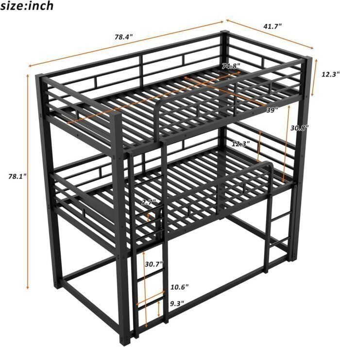 Heavy Duty Triple Bunk Bed Twin Over Twin Over Twin, 3 Bunk Bed with 2 Ladder and Guardrail