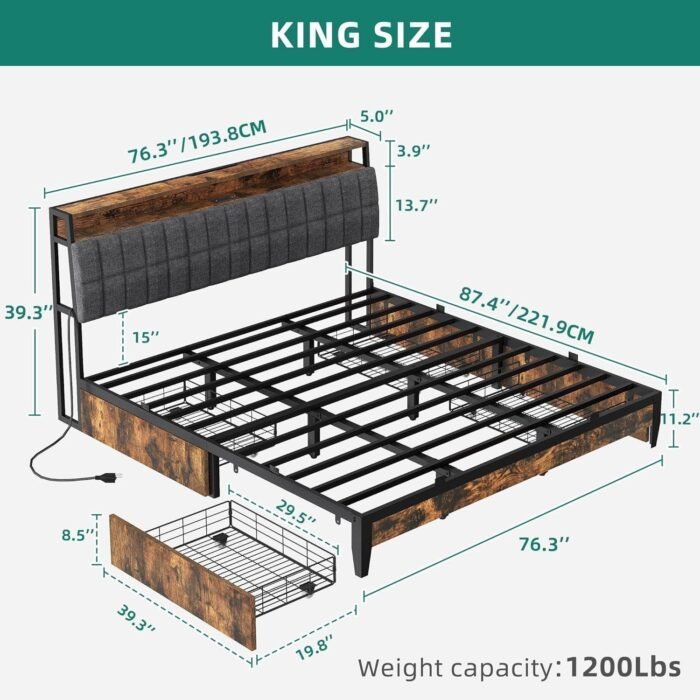 YITAHOME King Size Bed Frame, Upholstered Platform Bed Frame with 4 Drawers/Charging Station