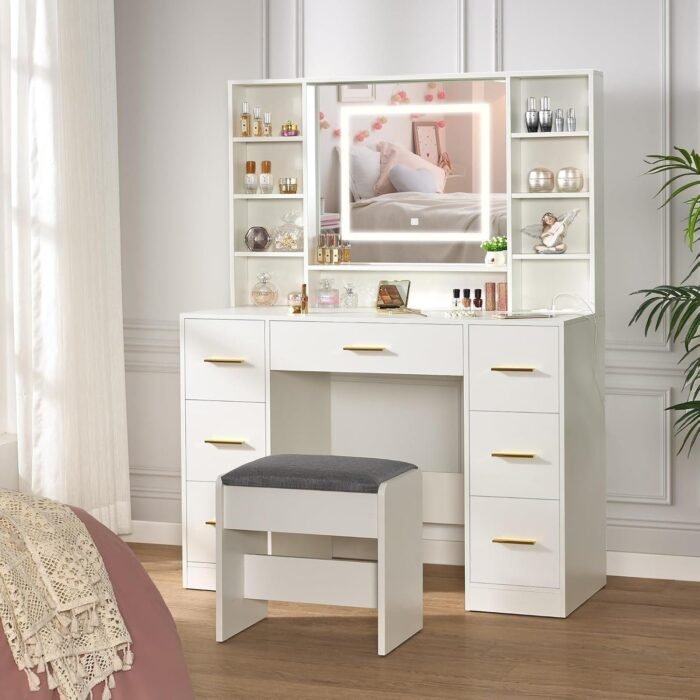 Vanity Desk Table with Lighted Mirror Makeup Vanity with Power Outlet and 7 Drawers & 8 Storage Shelves 3 Lighting Modes