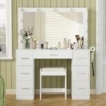 43'' W Vanity Desk with Power Outlet, Makeup Vanity with Lighted Mirror and 7 Drawers, 3 Colors Lighting Modes Vanity