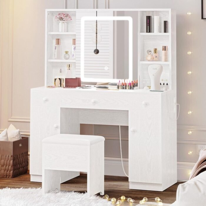 Vanity Desk Set with Large LED Lighted Mirror & Power Outlet, 7 Drawers Vanities Dressing Makeup Table with Storage Bench