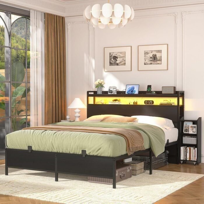 Unikito Full Size Bed Frame with LED Light and Bookcase Storage Headboard