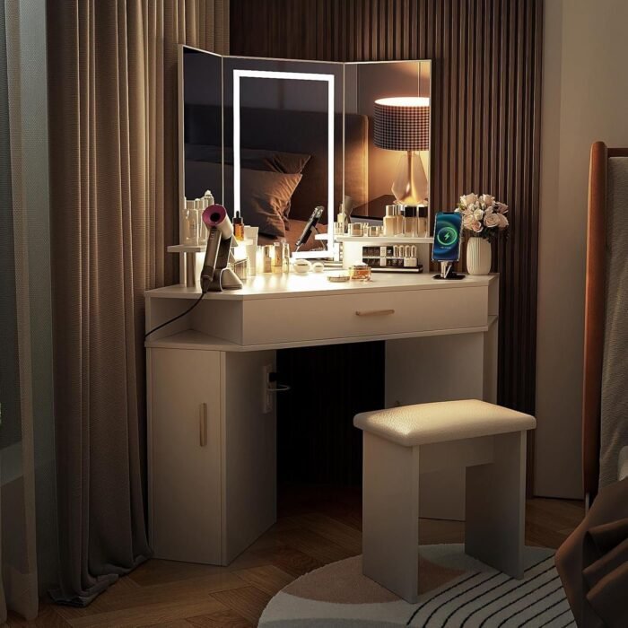 47" L Vanity with Lighted Mirror - Makeup Vanity Desk with Power Outlet and 3 Color Lighting Options, Brightness Adjustable