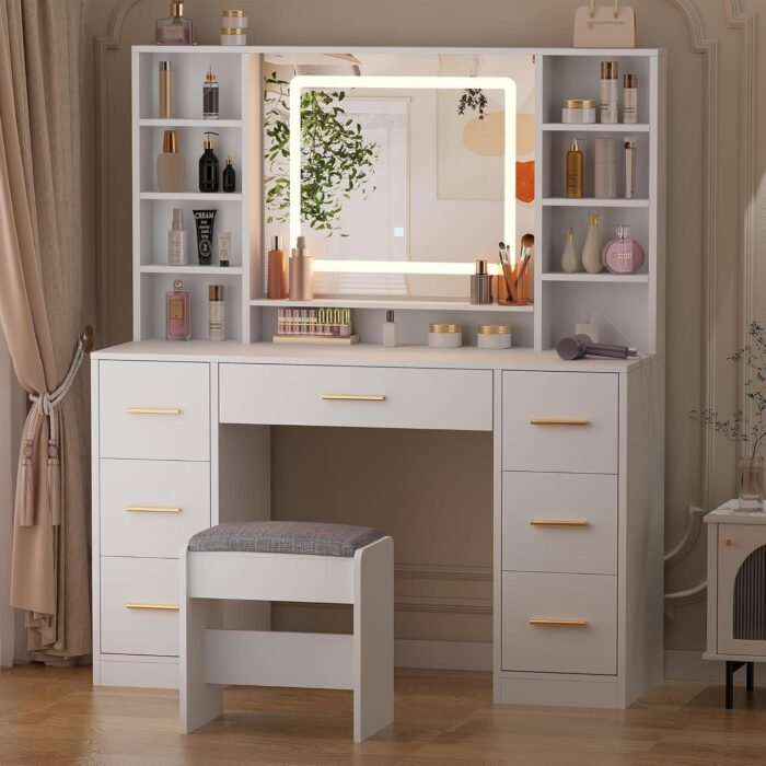 Vanity Desk Table with Lighted Mirror Makeup Vanity with Power Outlet and 7 Drawers & 8 Storage Shelves 3 Lighting Modes