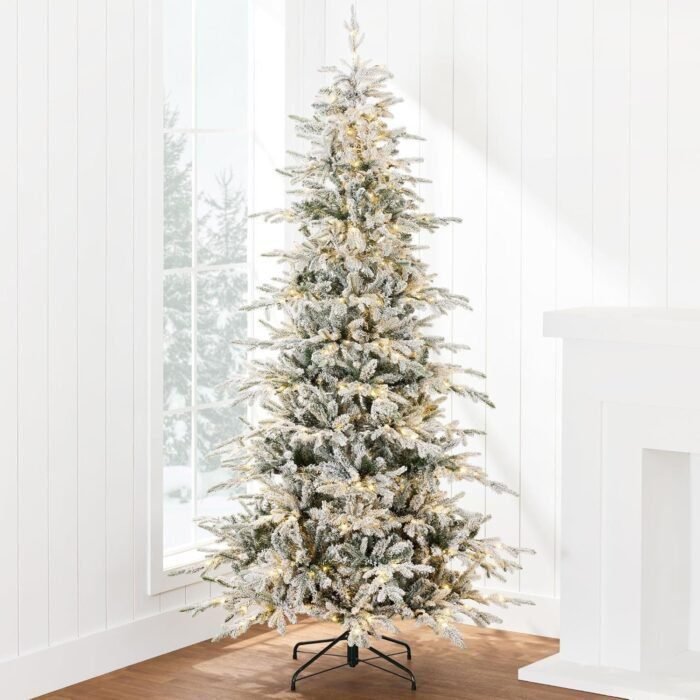 Lighted Aspen Christmas Tree, 4.5ft Flocked Artifical Noble Fir, Pre-Lit White &amp