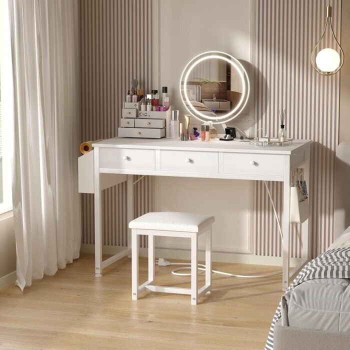 Makeup Vanity Desk with Mirror and Lights, 40 inch Make Up Vanity Desks with Fabric Drawers