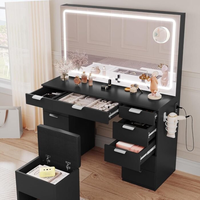 Vanity Desk Set with Large LED Lighted Mirror, Power Outlet & 11 Drawers – Makeup Vanity Table for Bedroom or Dressing Room