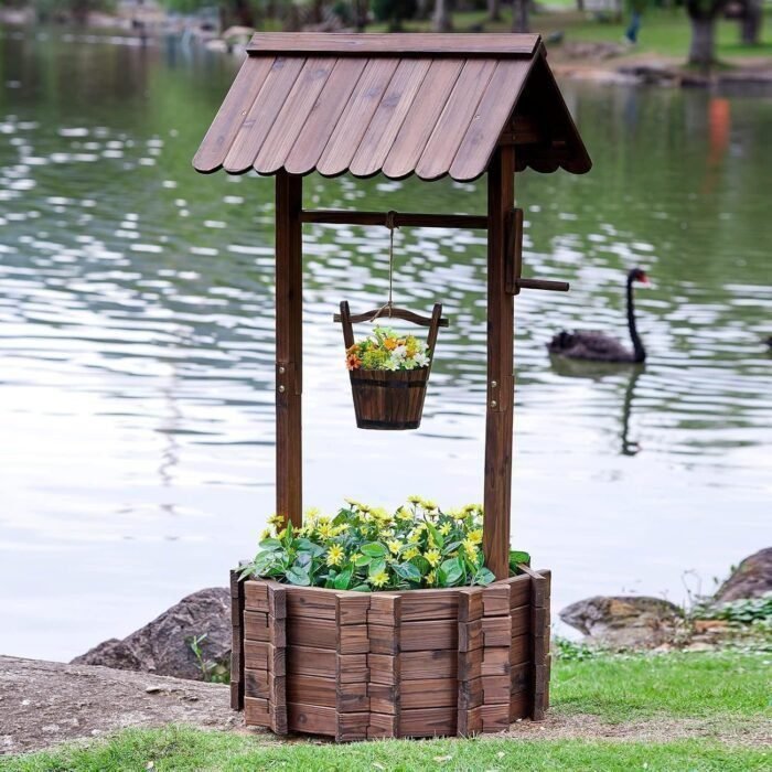 Wooden Wishing Well - Height Adjustable Hanging Bucket, Wishing Well Planter with Reinforced Rod