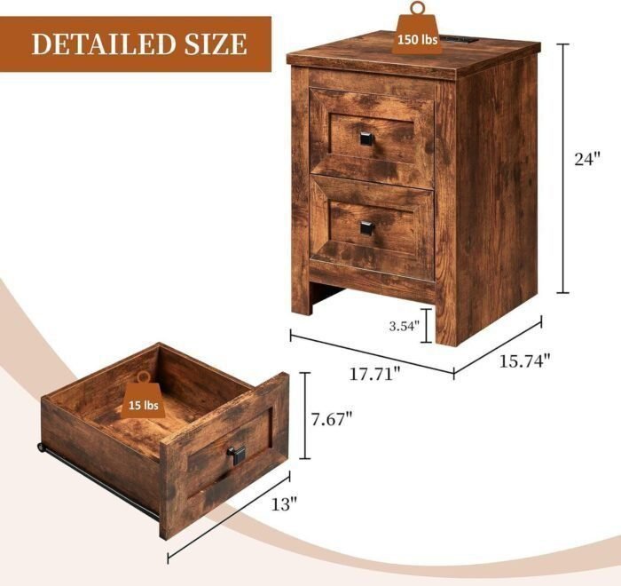 Nightstand Set of 2 with Charging Station, Rustic Bedside Table with Drawers Storage