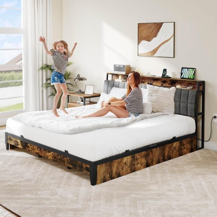 YITAHOME King Size Bed Frame, Upholstered Platform Bed Frame with 4 Drawers/Charging Station