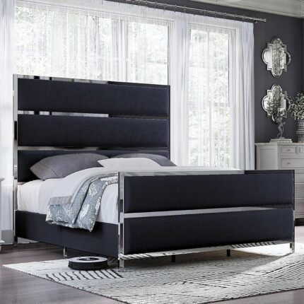 AMERLIFE Queen Bed Frame, Velvet Upholstered Bed with Silver Trim Headboard & Footboard