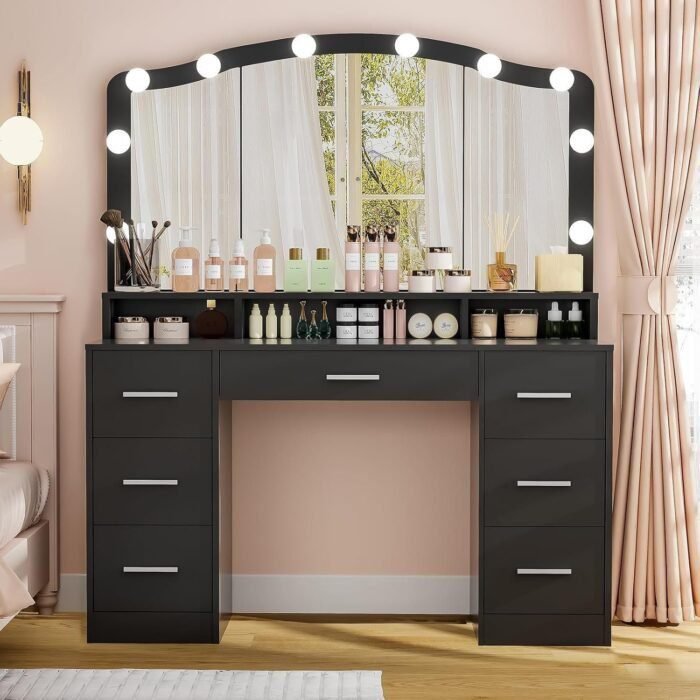 43.3" Vanity Desk with Large Lighted Mirror, Makeup Vanity Table with 7 Drawers & 10 Lights Bulbs, 3 Lighting Colors