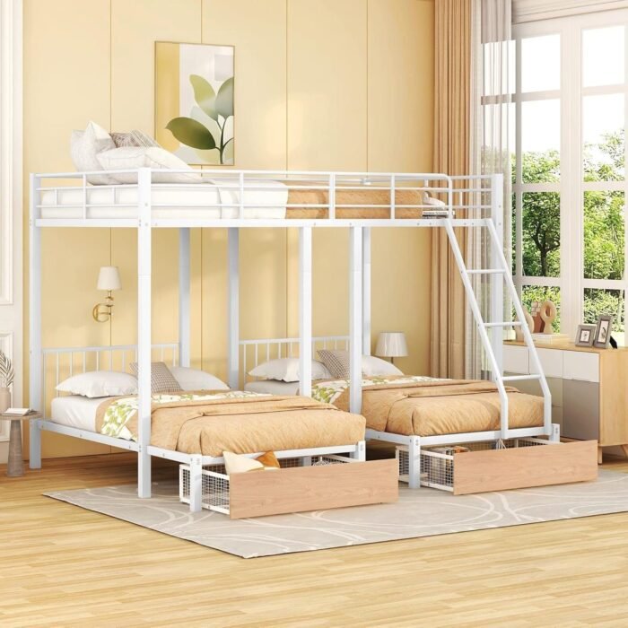 Ksportmf Full Over Twin & Twin Bunk Beds with Two Storage Drawers & Desk, Heavy Duty Metal Triple Bunk Bed