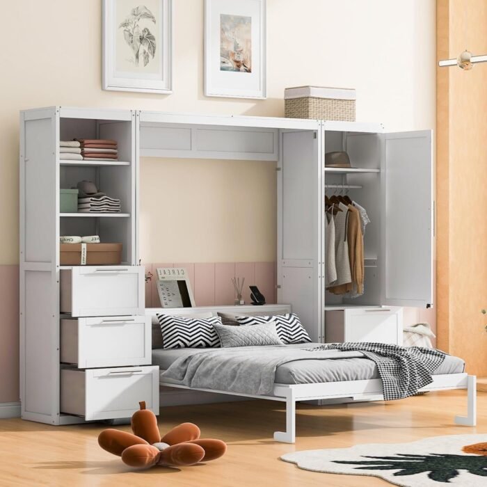 BIADNBZ Murphy Bed Queen Size Folded into Wall Cabinet, 5 Drawers and Storage Shelves