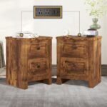 Nightstand Set of 2 with Charging Station, Rustic Bedside Table with Drawers Storage