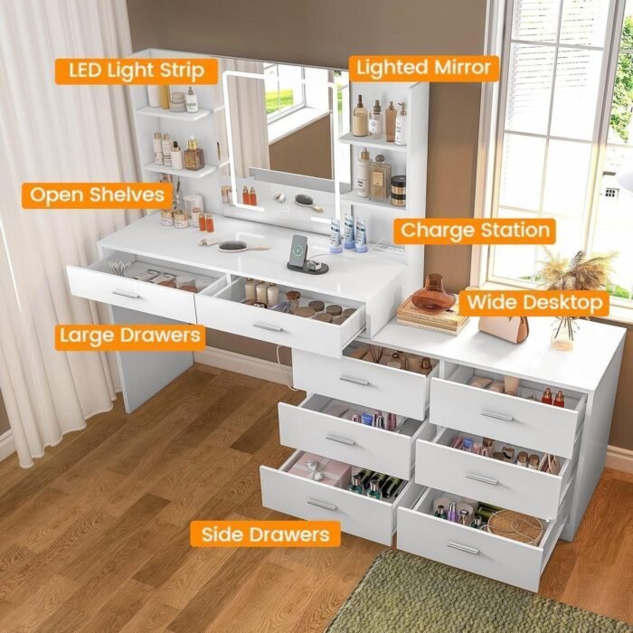 Vanity Makeup Desk with LED Light Mirror & Power Outlet, 8 Drawers, 6 Storage Shelves, 3 Color Modes & Adjustable Brightness