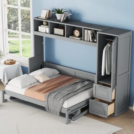 Imisemoh Full Size Murphy Bed with Closet, Two Drawers, Four Built-in Top Shelf, Can be Folded into A Large Cabinet