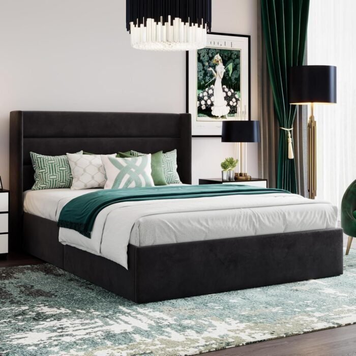 SHA CERLIN Full Size Lift Up Storage Bed/Velvet Upholstered/Modern Wingback Headboard/Upholstered Platform Bed