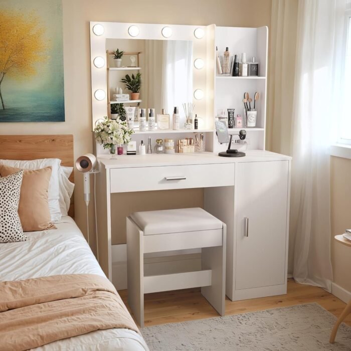 Vanity Desk with LED Lighted Mirror, Makeup Table with Hairdryer Holder and Power Outlet, Dresser with Drawer and Cabinets