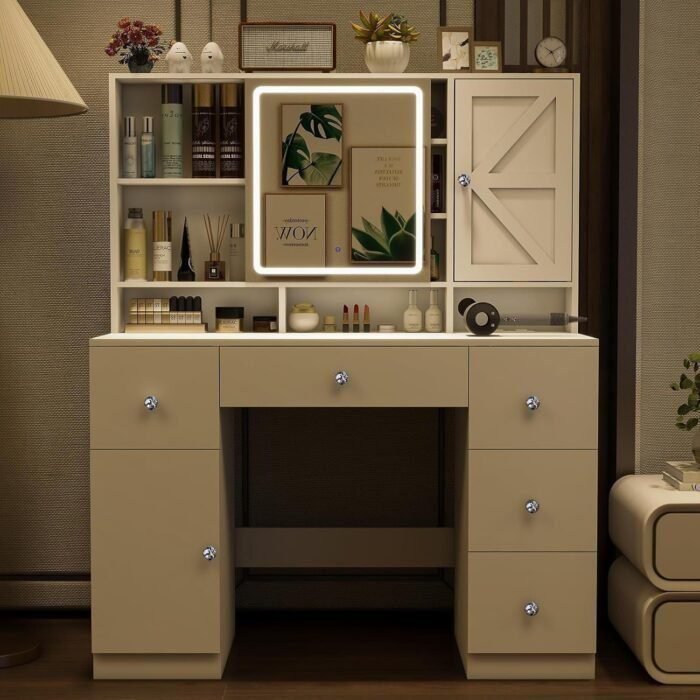 Makeup Vanity Desk with Sliding Lighted Mirror & Power Outlet, 45" Large Vanity with 5 Drawers