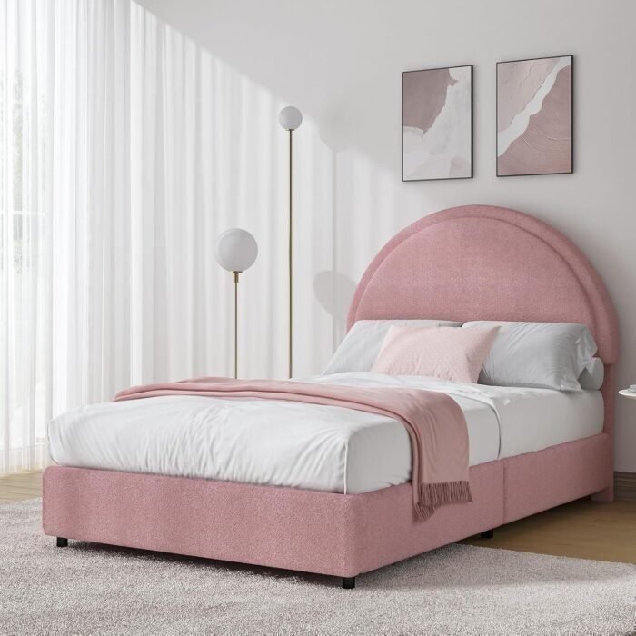 REVOMINCA Pink Twin Size Bed Frame, Boucle Upholstered Platform Bed Frame with Headboard, Modern Style