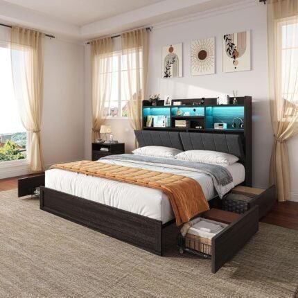 AMERLIFE Full Size Platform Bed with 4 Storage Drawers, LED Bed Frame with Bookcase Headboard