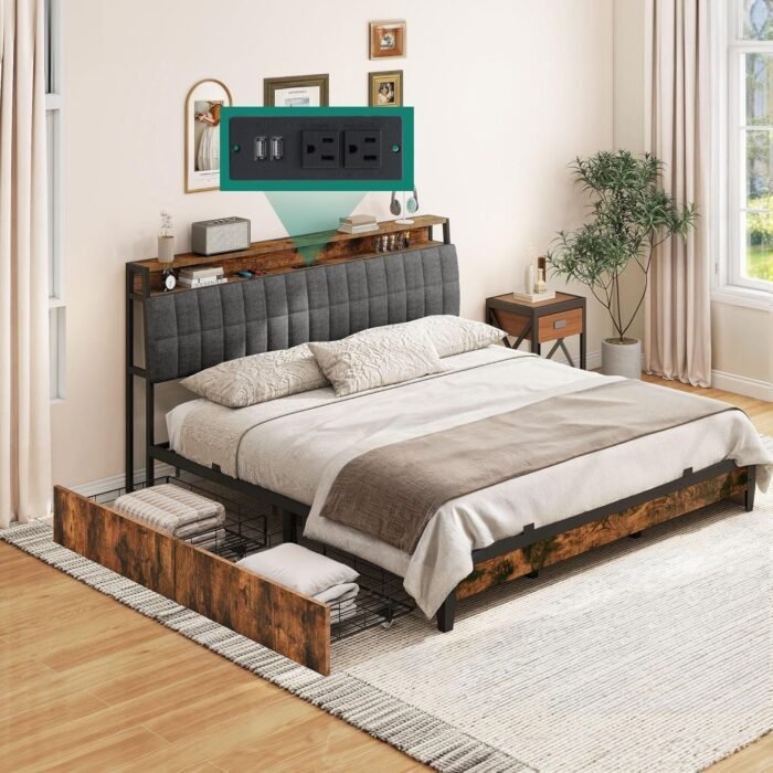 YITAHOME King Size Bed Frame, Upholstered Platform Bed Frame with 4 Drawers/Charging Station