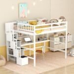 Full Size Loft Bed with Desk & Storage Stairs, Wood Loft Bed Frame with Shelves and Guardrails for Kids, High Loft Beds with Steps