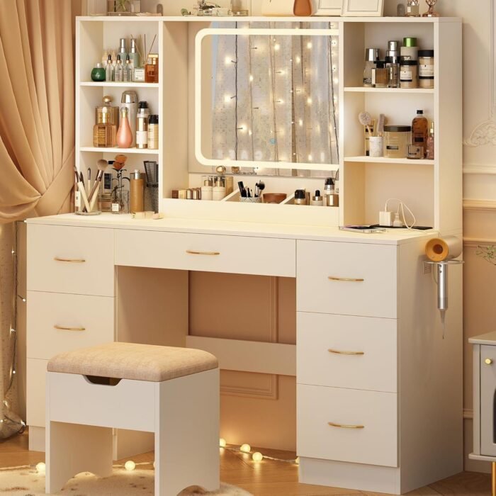 47" Large Vanity Desk with Mirror and Lights, LED White Vanity Set with Stool and Power Outlet