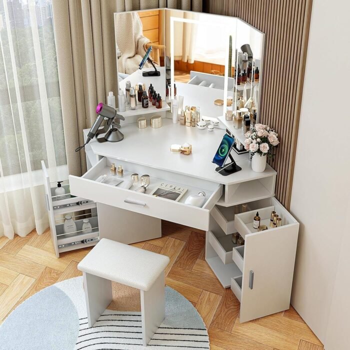 47" L Vanity with Lighted Mirror - Makeup Vanity Desk with Power Outlet and 3 Color Lighting Options, Brightness Adjustable