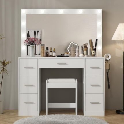 43'' W Vanity Desk with Power Outlet, Makeup Vanity with Lighted Mirror and 7 Drawers, 3 Colors Lighting Modes Vanity