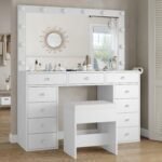 Vanity Desk & Power Outl, Makeup Vanity with Mirror and 12 LED Lights, Makeup Table with 11 Drawers