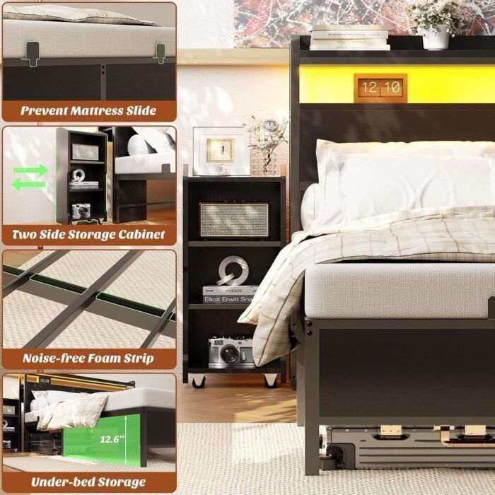 Unikito Full Size Bed Frame with LED Light and Bookcase Storage Headboard
