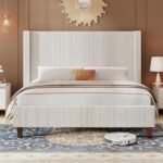 YUMPIE Queen Size Upholstered Platform Bed Frame, 50.8" Corduroy Bed Frame with Wingback Headboard Vertical Tufted