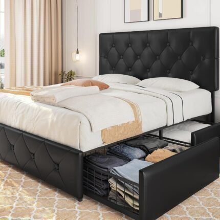 DHP Dakota King Upholstered Bed with Storage Drawers in Black Faux Leather