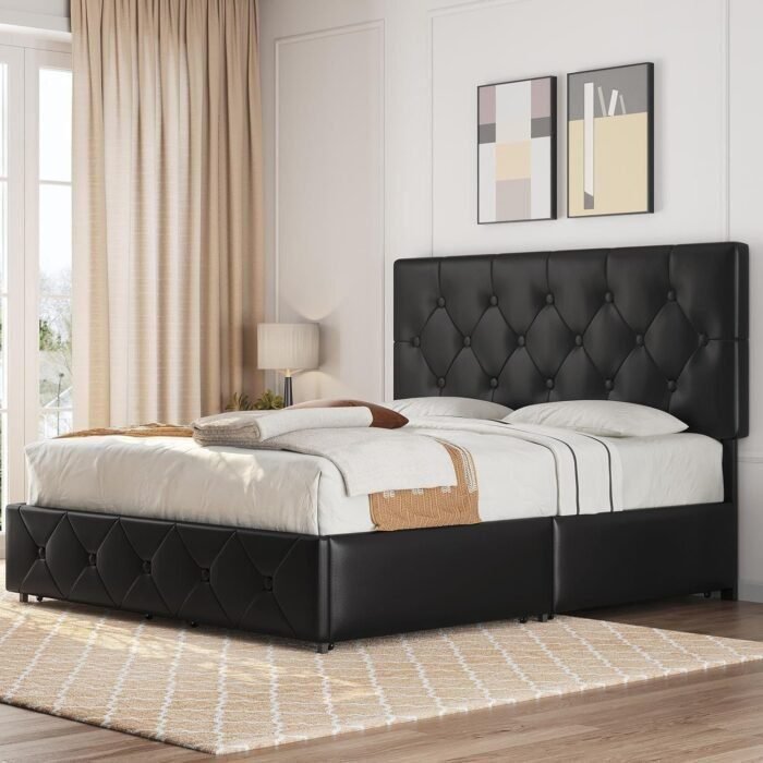 DHP Dakota King Upholstered Bed with Storage Drawers in Black Faux Leather