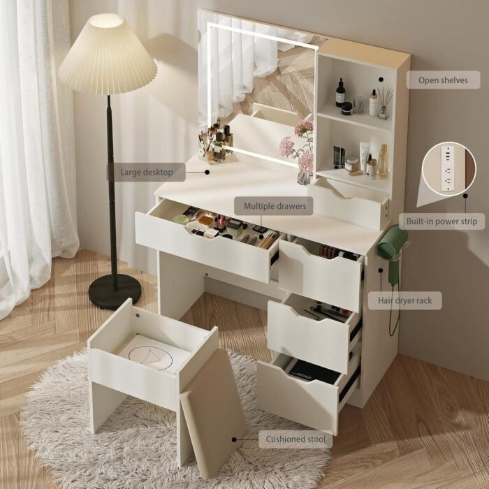 Vanity Desk with LED Lights Mirror & Power Outlet, 3 Lighting Colors Vanity Desk with 5 Drawers, Makeup Vanity Set and Cushioned Stool