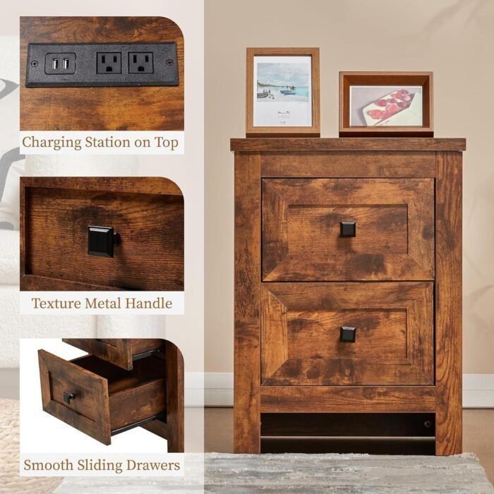 Nightstand Set of 2 with Charging Station, Rustic Bedside Table with Drawers Storage