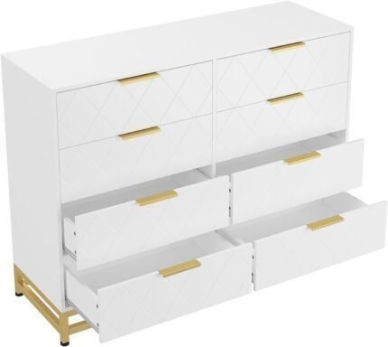 8 Dresser for Bedroom Wooden with 8 Drawer, Chest of Drawers Wide Dresser with Metal Handle