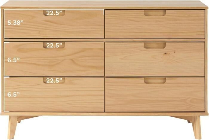 Mid-Century Modern Grooved Handle Wood 6-Drawer Dresser, 52 Inch, Natural Pine