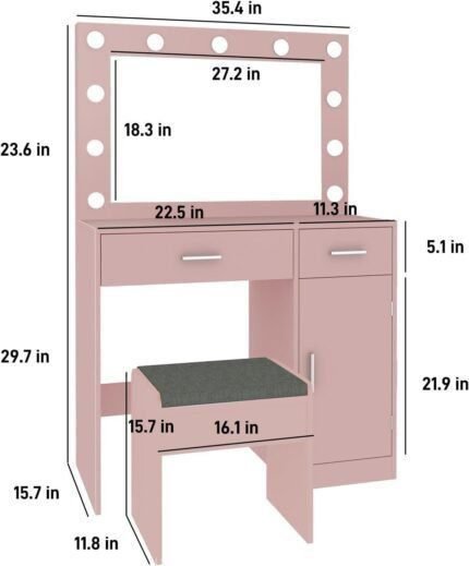 Vanity Desk with Mirror and Light, Large Drawer Power Socket with 11 Light Bulbs, 3 Adjustable Lighting Modes